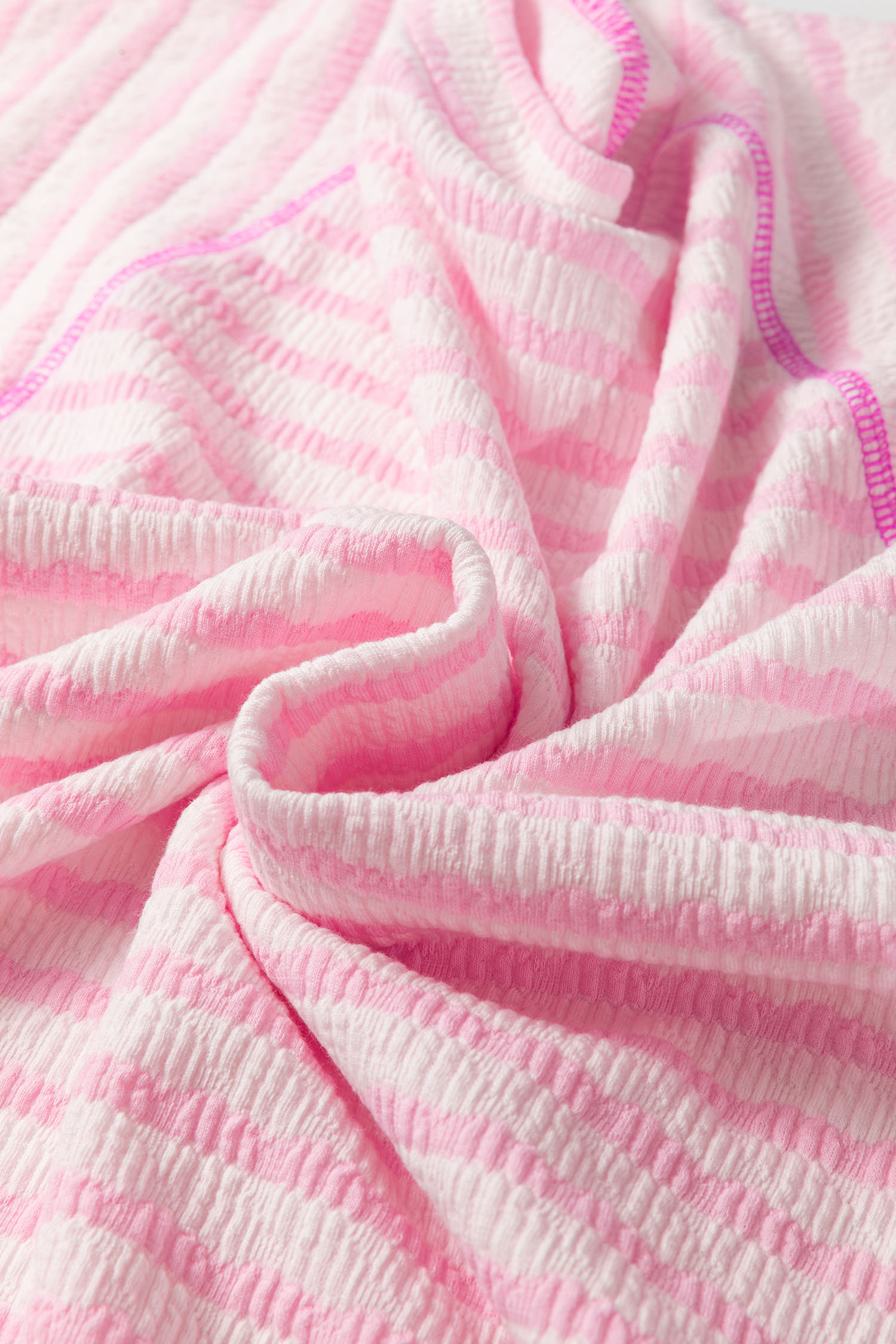 Pink Stripe Textured Knit Split Hem Half Sleeve Loose Top - loveforevers