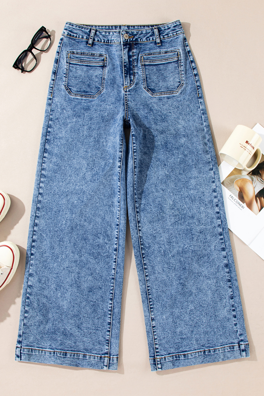 Light Blue Chic Patch Pocket Straight Leg Loose Jeans - loveforevers