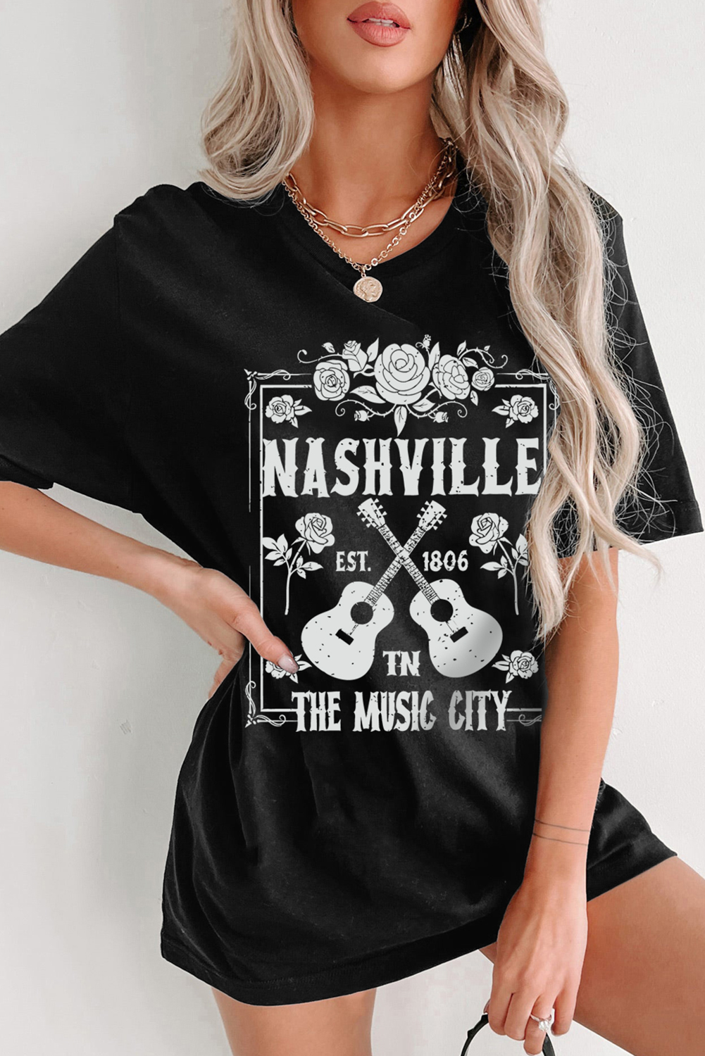 Black Rose Guitar Nashville Music City Graphic Tunic T Shirt - loveforevers