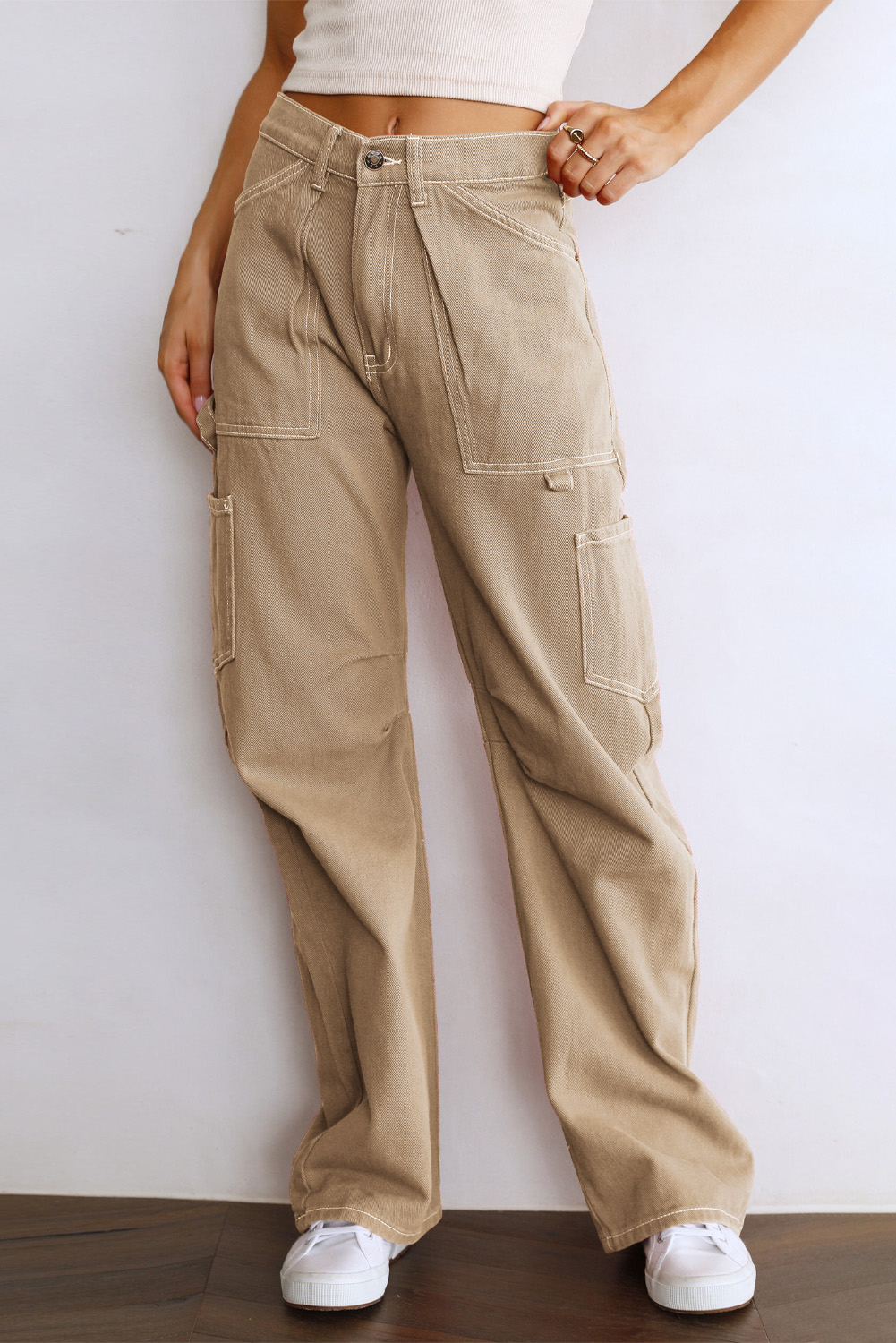 White High Waist Straight Leg Cargo Pants with Pockets - loveforevers