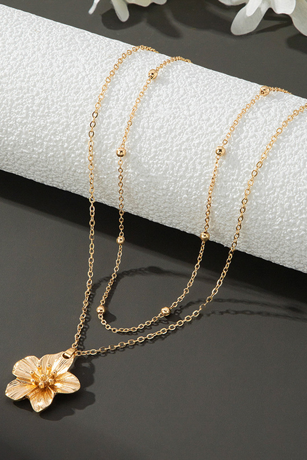 Gold Flower Pendant Beaded Double Chain Plated Necklace - loveforevers
