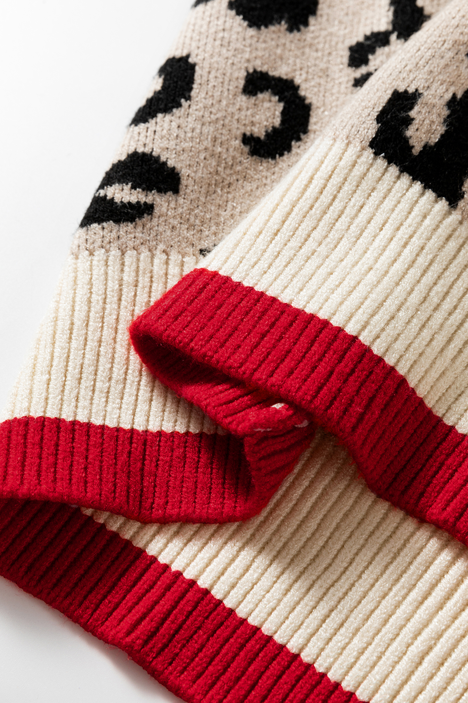 Khaki Leopard Pattern V-Neck Contrast Rib Knitted Sweater - loveforevers