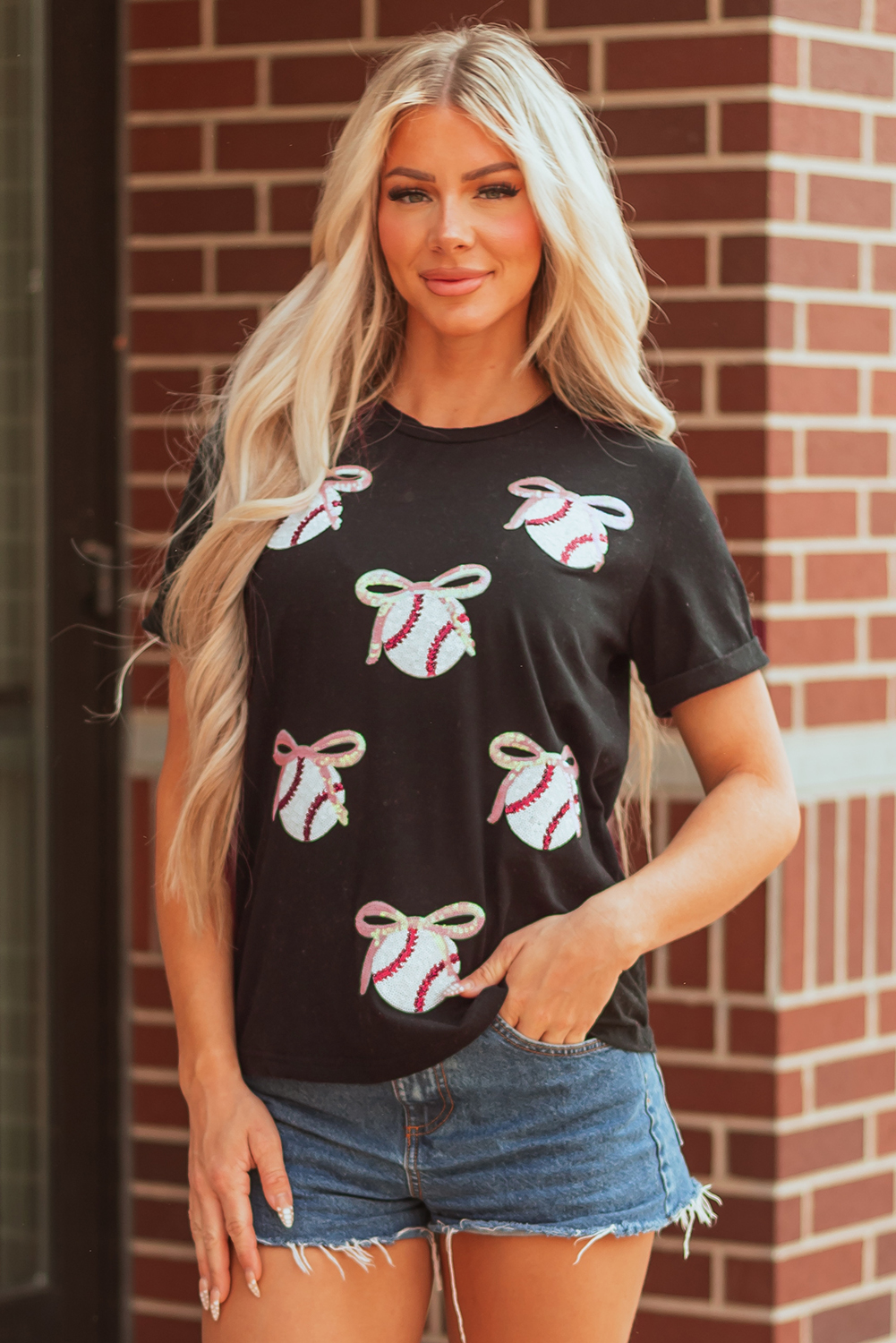 Black Shimmering Sequin Bow Ball Patterned Game Day Casual Tee - loveforevers