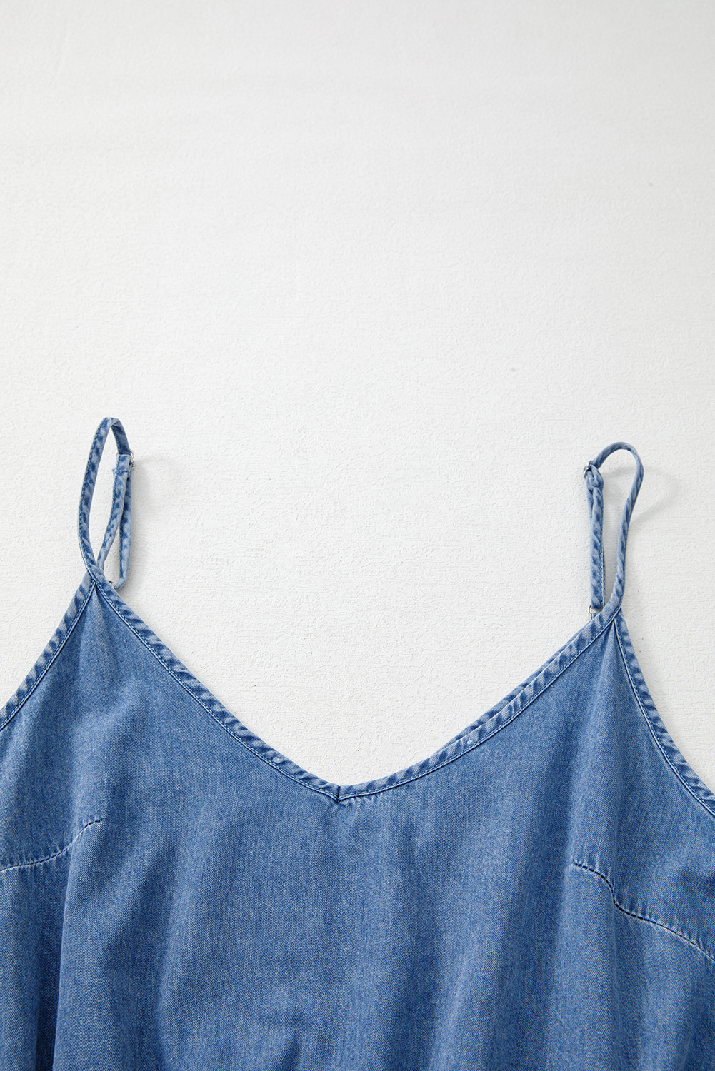Ashleigh Blue Spaghetti Straps V Neck Belted Ruffled Leg Chambray Romper - loveforevers