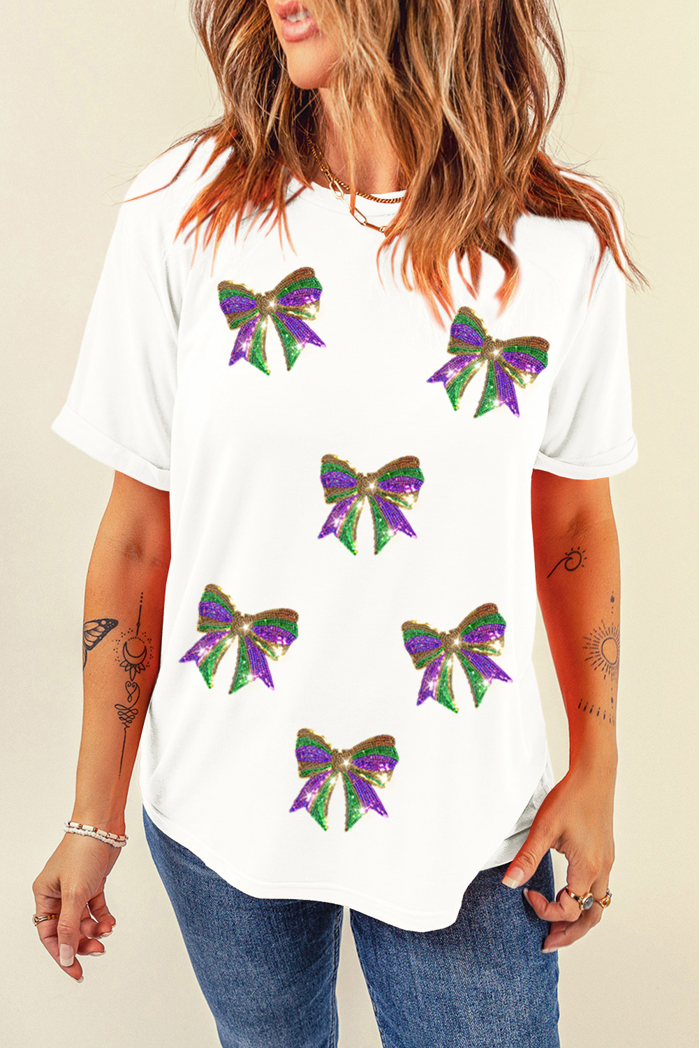 White Sequin Mardi Gras Bow Graphic Crewneck Tee - loveforevers
