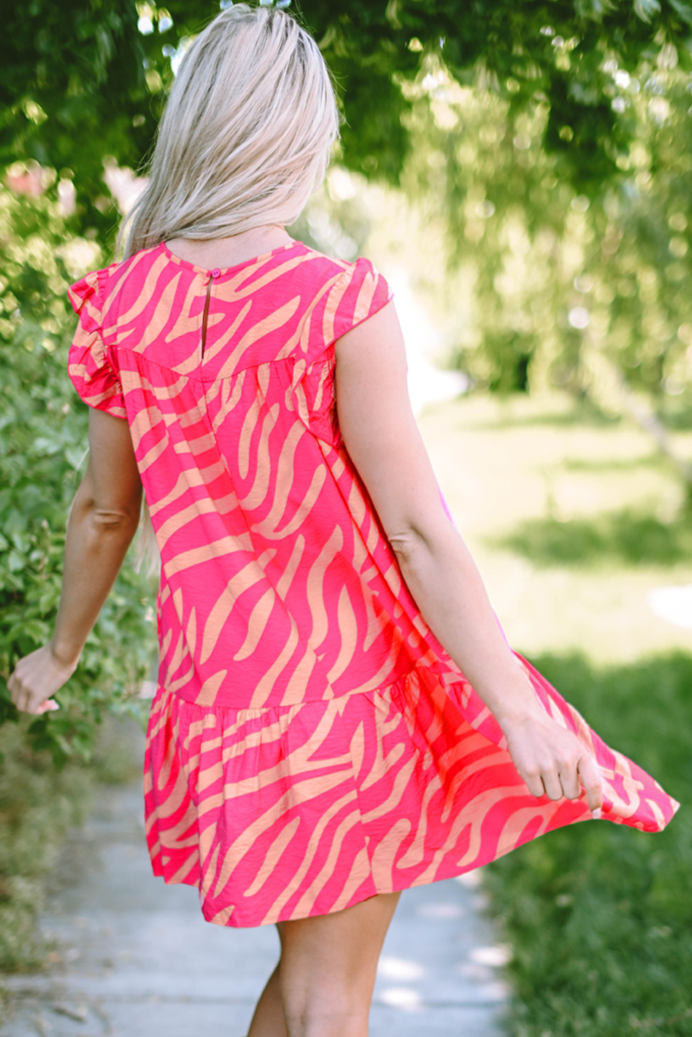 Pink Zebra Stripe Printed Ruffle Trim Pocketed Dress - loveforevers