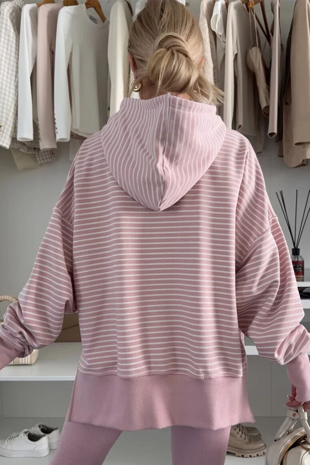Purple Stripe Thumbhole Side Slits Drop Shoulder Loose Fit Hoodie - loveforevers