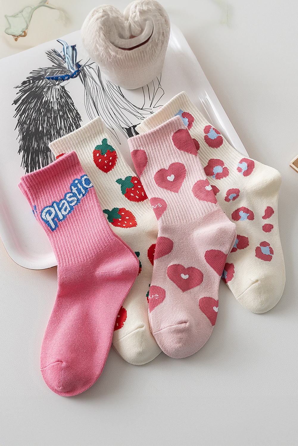 Light Pink Heart Print Ribbed Trim Soft Crew Socks - loveforevers