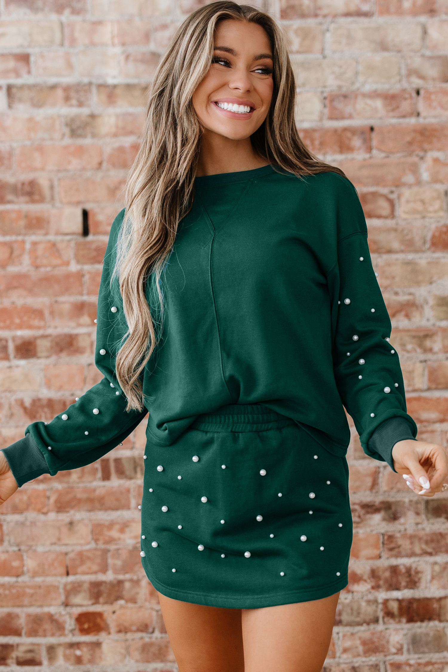 Dark Green Pearl Embellished Drop Shoulder Pullover Elastic Waist Mini Skirt Set - loveforevers