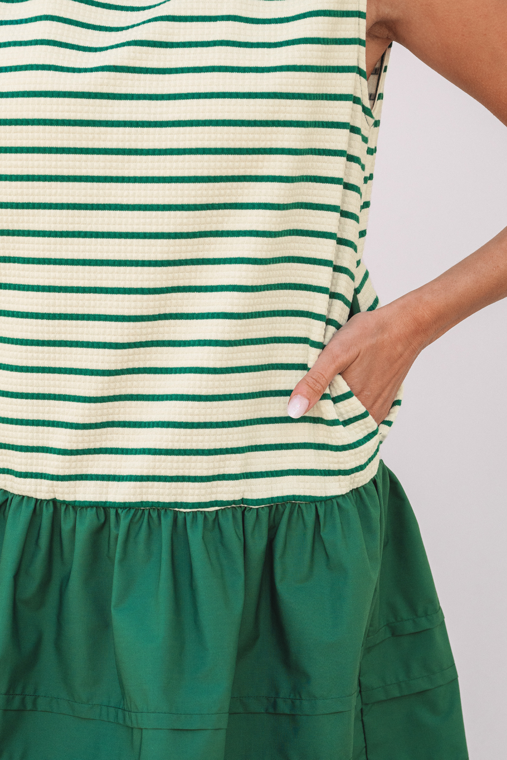 Green Stripe Woven Ruffled Sleeveless Mini Dress - loveforevers