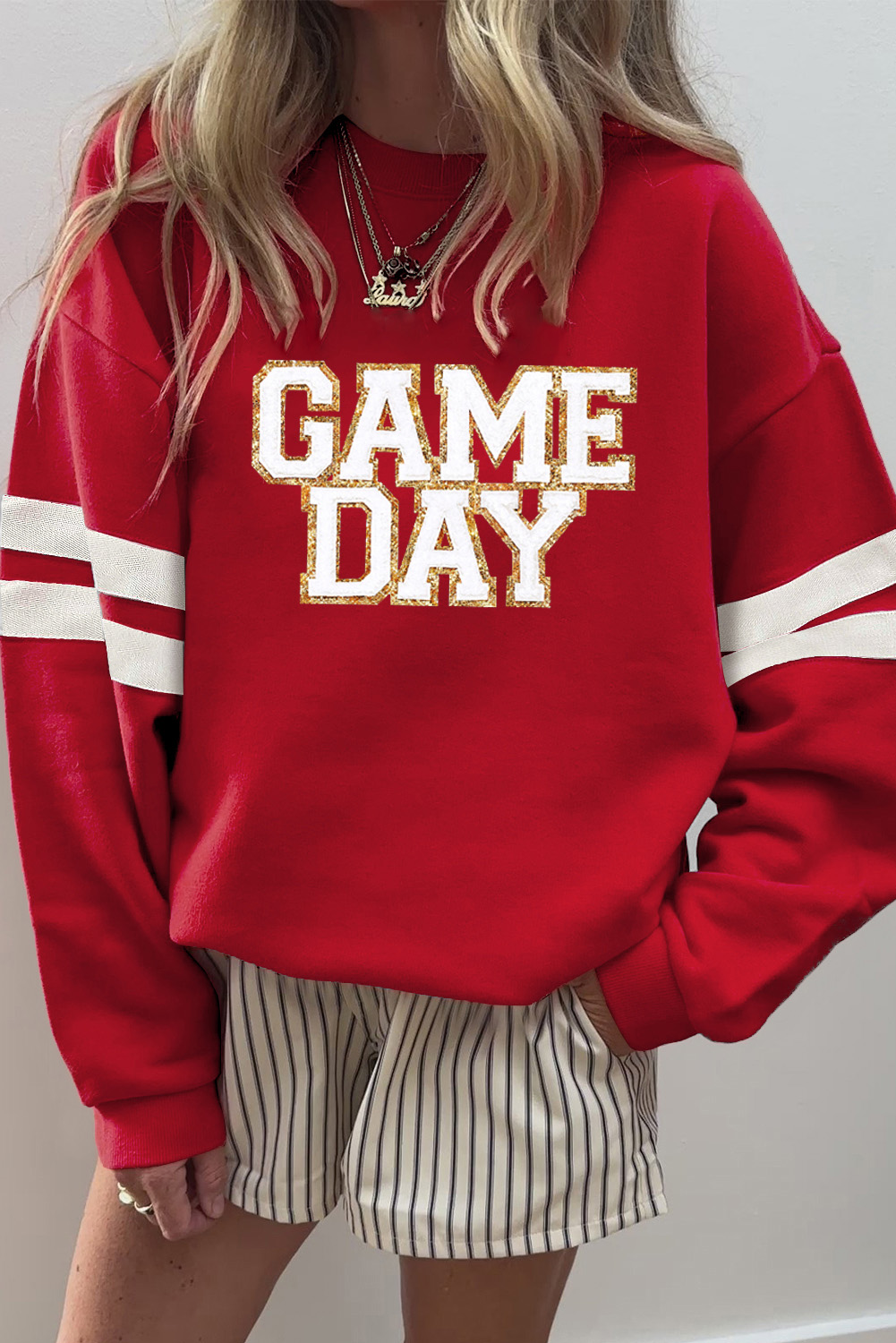 Fiery Red Glitter Trim GAME DAY Letter Graphic Oversized Varsity Sweatshirt - loveforevers