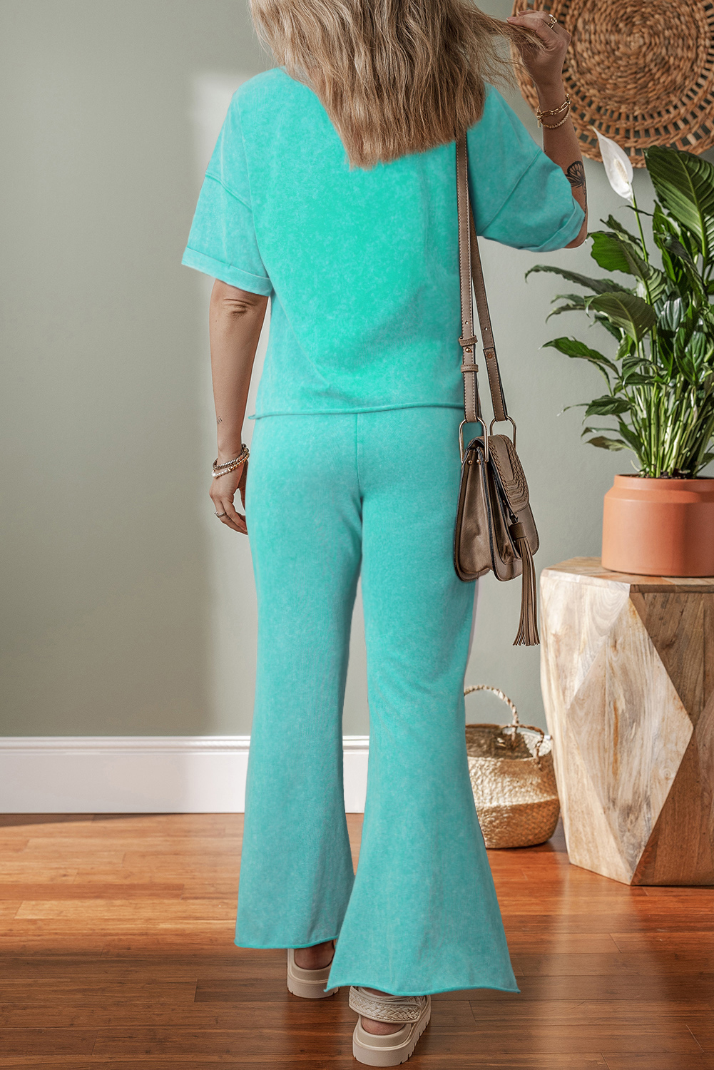 Light Pink Acid Wash Star Patched Rolled Trim Pants Set - loveforevers