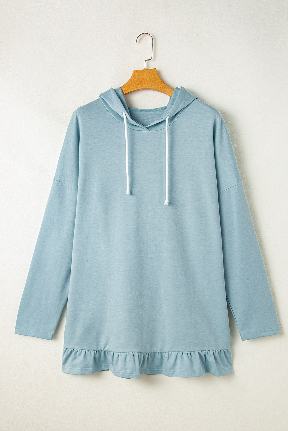 Iceland Blue Solid Ruffled Hem Loose Fit Tunic Hoodie - loveforevers