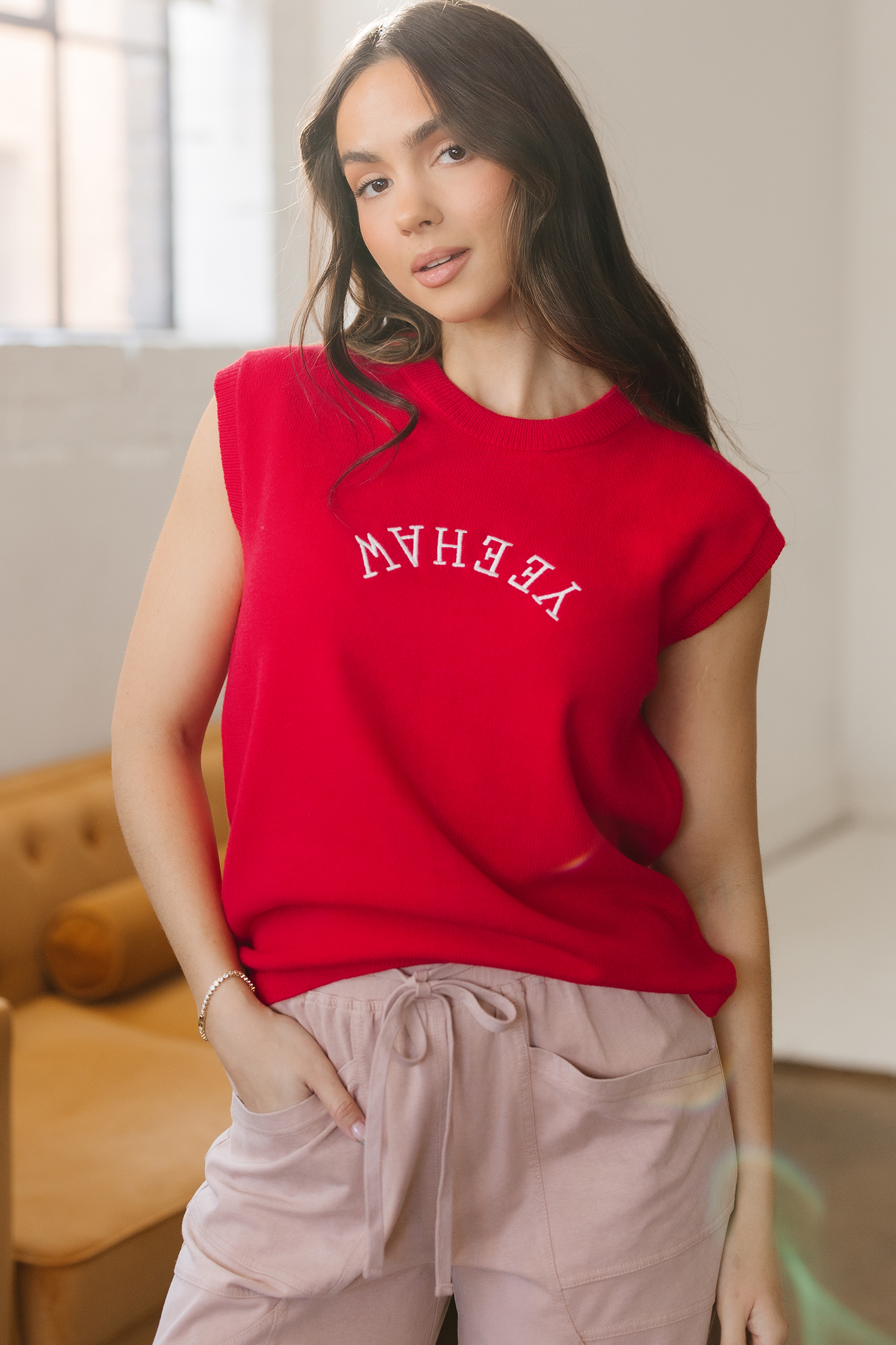 Fiery Red YEEHAW Embroidered Letter Loose Short Sleeve Sweater - loveforevers