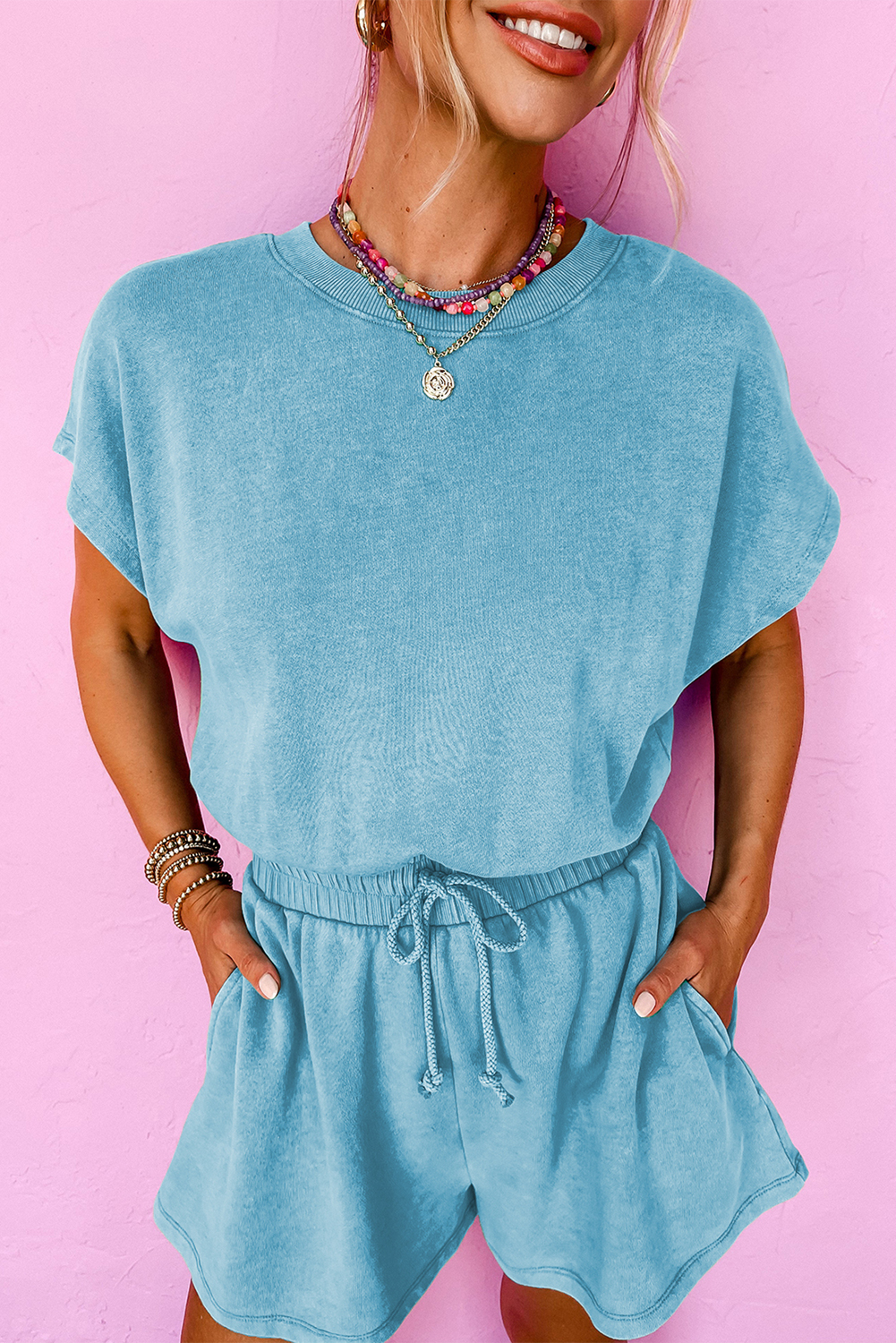 Mist Blue Mineral Wash Drawstring Elastic Waistband Hollow Out Back Short Sleeve Romper - loveforevers