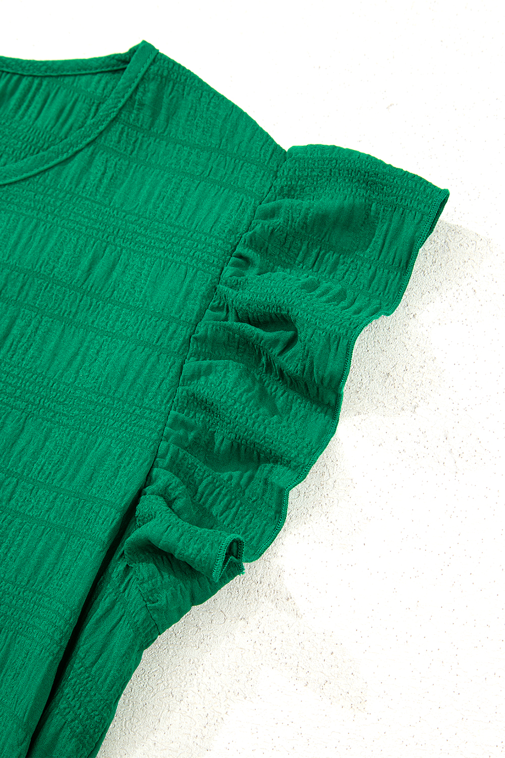 Dark Green Textured Ruffled Sleeve Round Neck Top - loveforevers