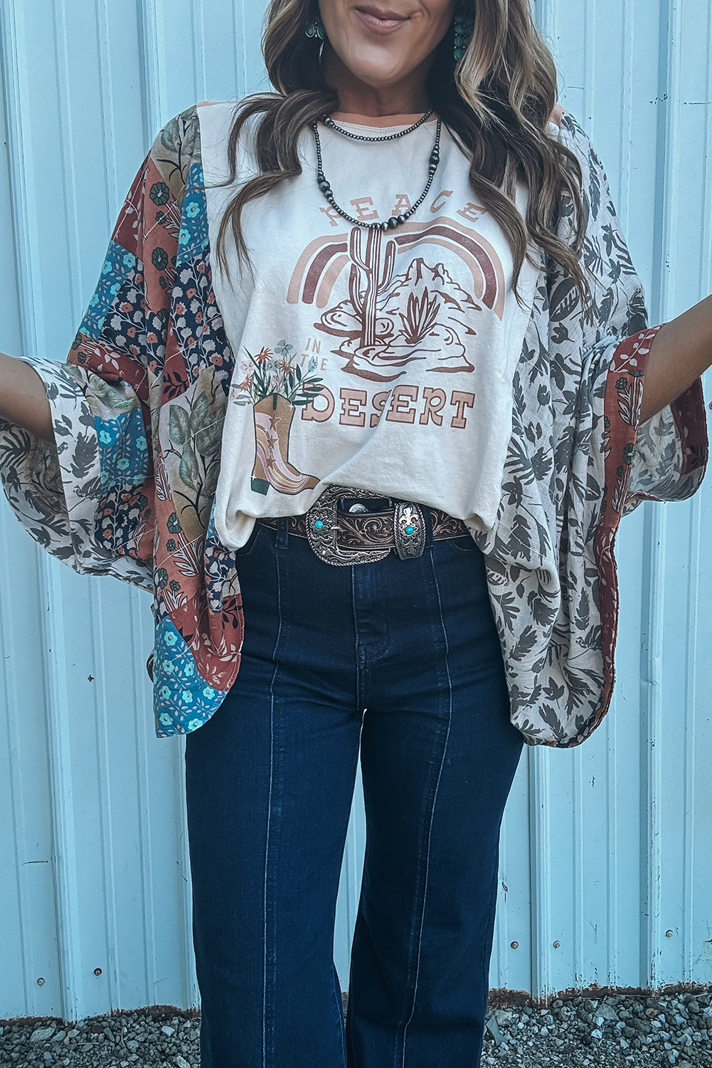 Multicolour Asymmetric Printed Patchwork Sleeve Peace Desert Graphic Top - loveforevers