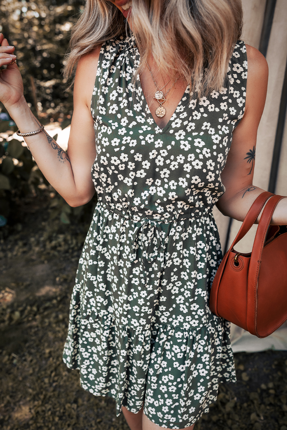 Green Boho Floral Print V Neck Tunic Sleeveless Dress - loveforevers