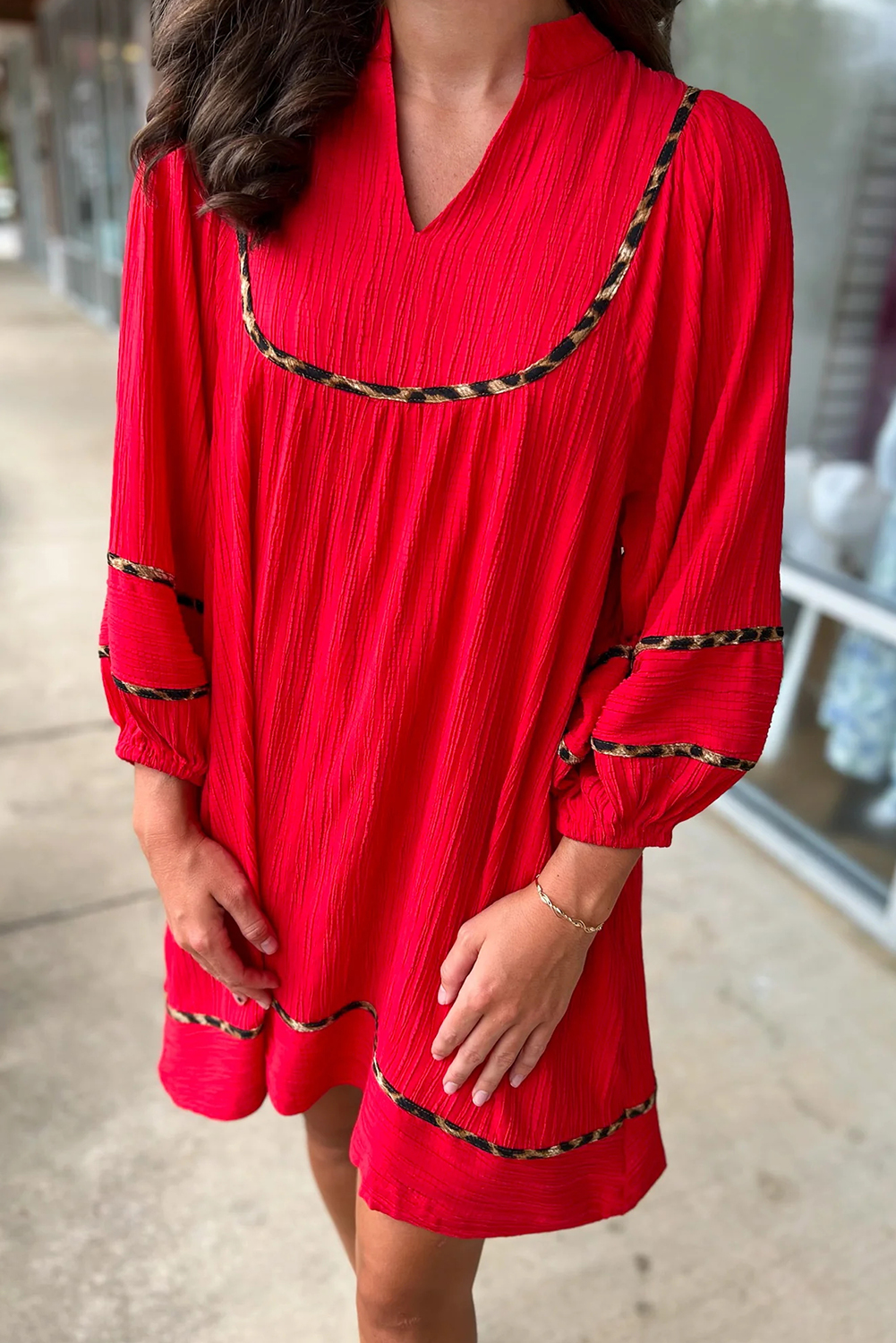Fiery Red Textured V Neck Leopard Contrasted Trim Long Sleeve Shift Mini Dress - loveforevers