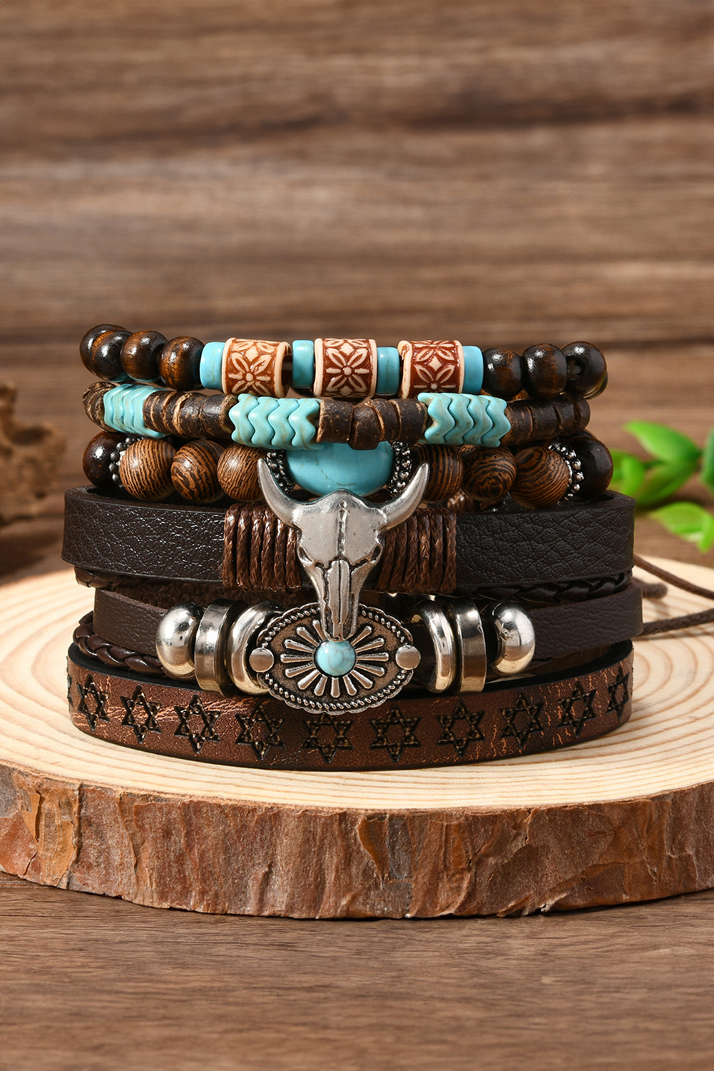 Chestnut 6 Piece Western Bull Skull Turquoise Beading Bracelet - loveforevers