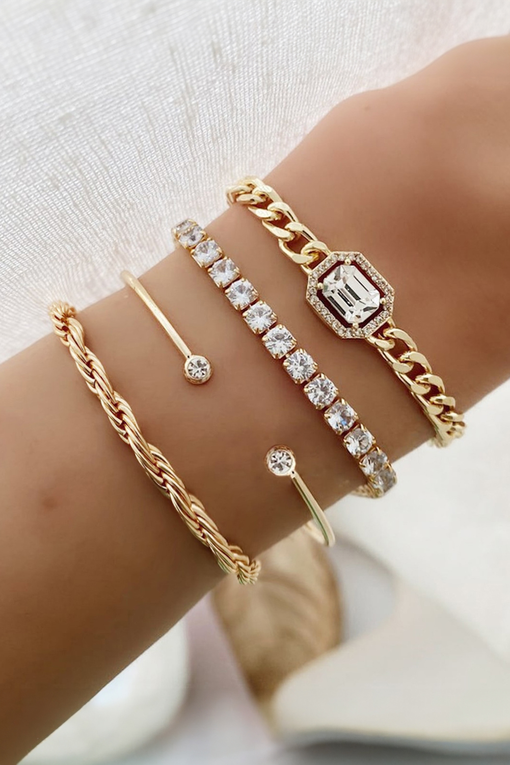 Gold 4pcs Diamond Chained Braided Bangle Bracelet Set - loveforevers