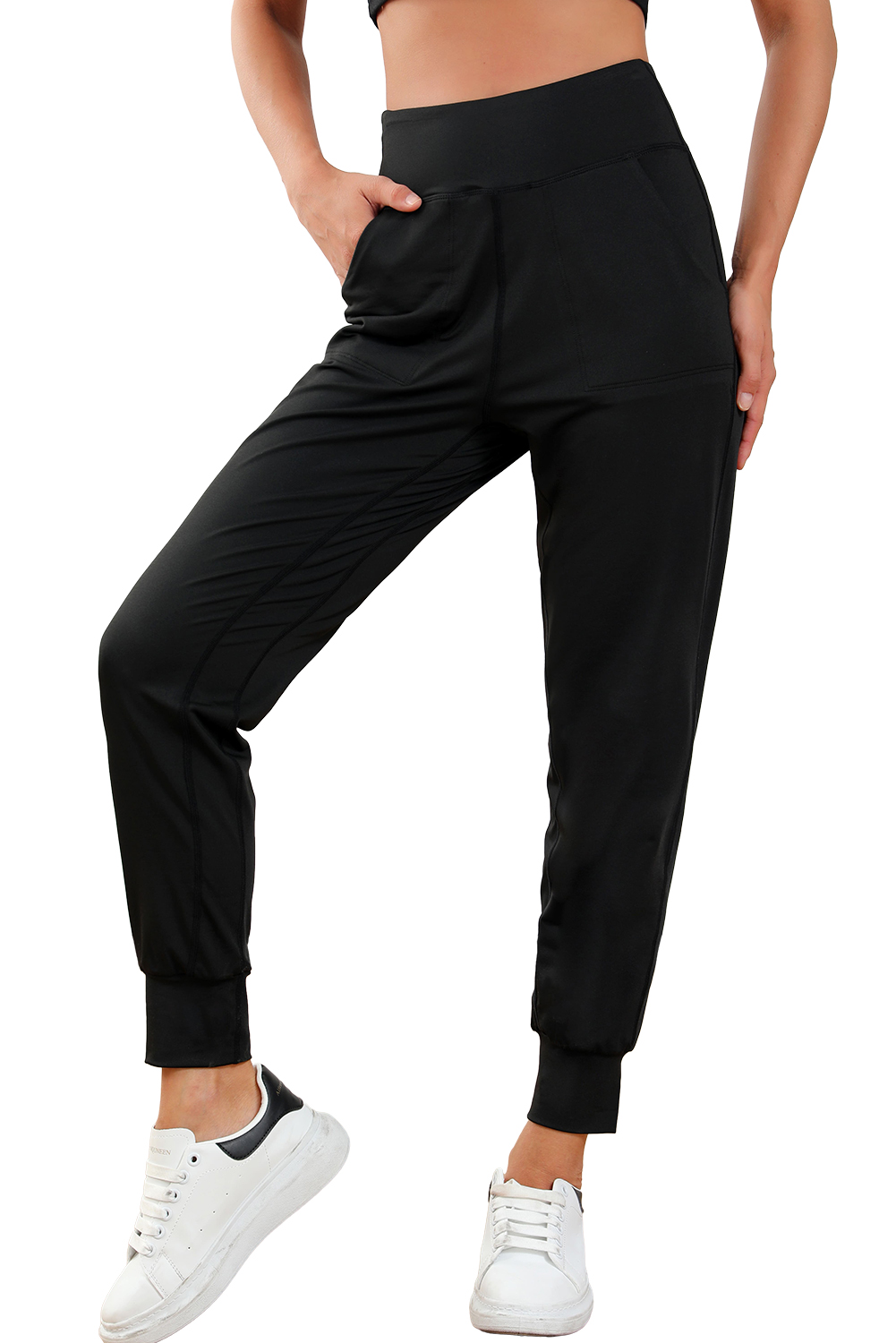 Black Exposed Seam High Waist Pocketed Joggers - loveforevers