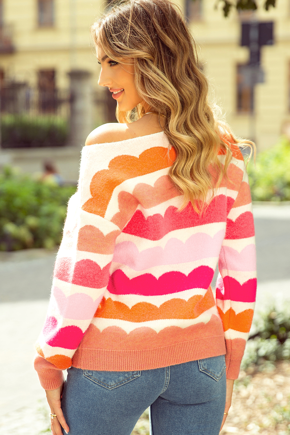 Rose Red Wave Striped Balloon Sleeve Drop Shoulder Sweater - loveforevers