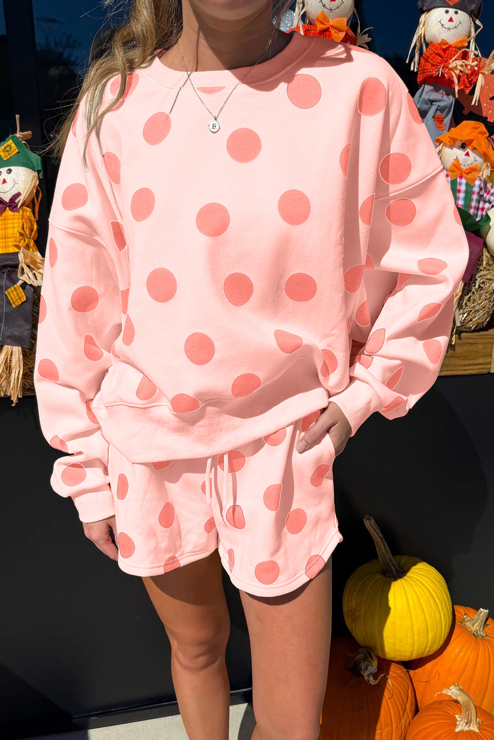 Beige Polka Dot Print Drop Shoulder Pullover Drawstring Jogger Pant Set - loveforevers