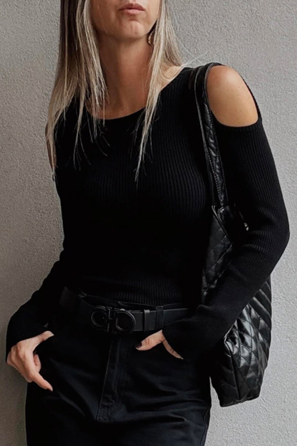 Black Ribbed Knit Cold Shoulder Sweater - loveforevers
