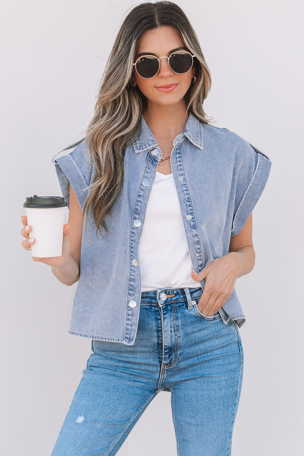 Dusk Blue Denim Pinup Folded Cap Sleeve Shirt - loveforevers