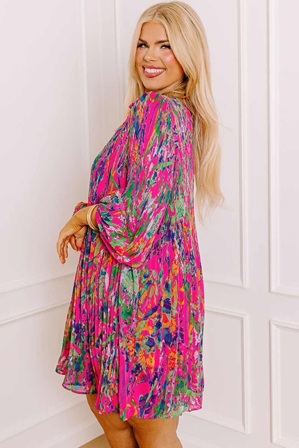 Rose Plus Size Abstract Floral Print Pleated Loose Dress - loveforevers