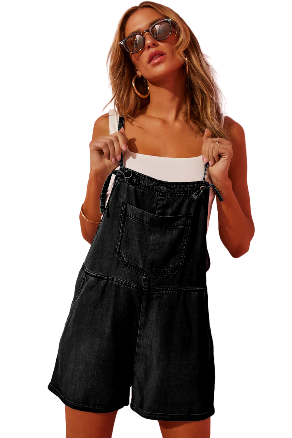 Black Grommet Tie Straps Casual Denim Romper - loveforevers