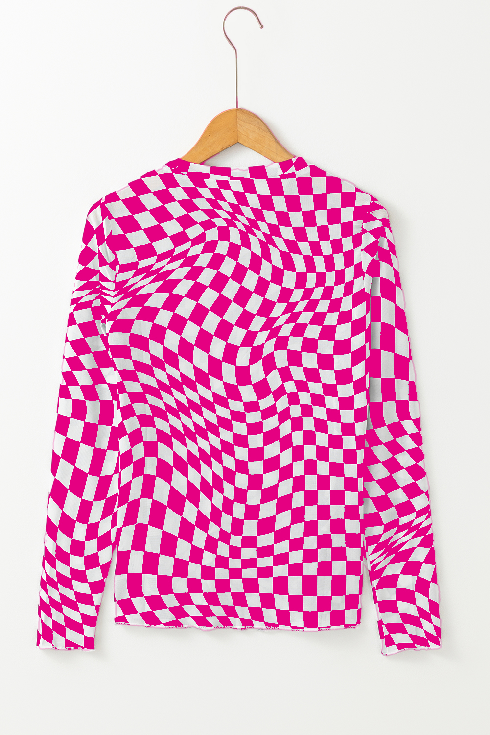 Khaki Checkered Pattern Mesh Mock Neck Long Sleeve Top - loveforevers