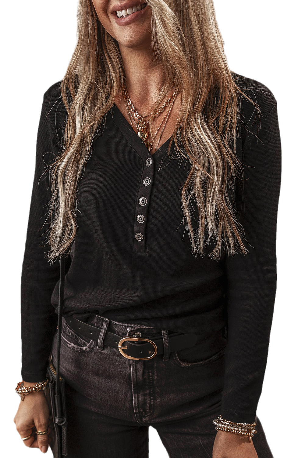 Black Buttoned V Neck Long Sleeve Ribbed Top - loveforevers