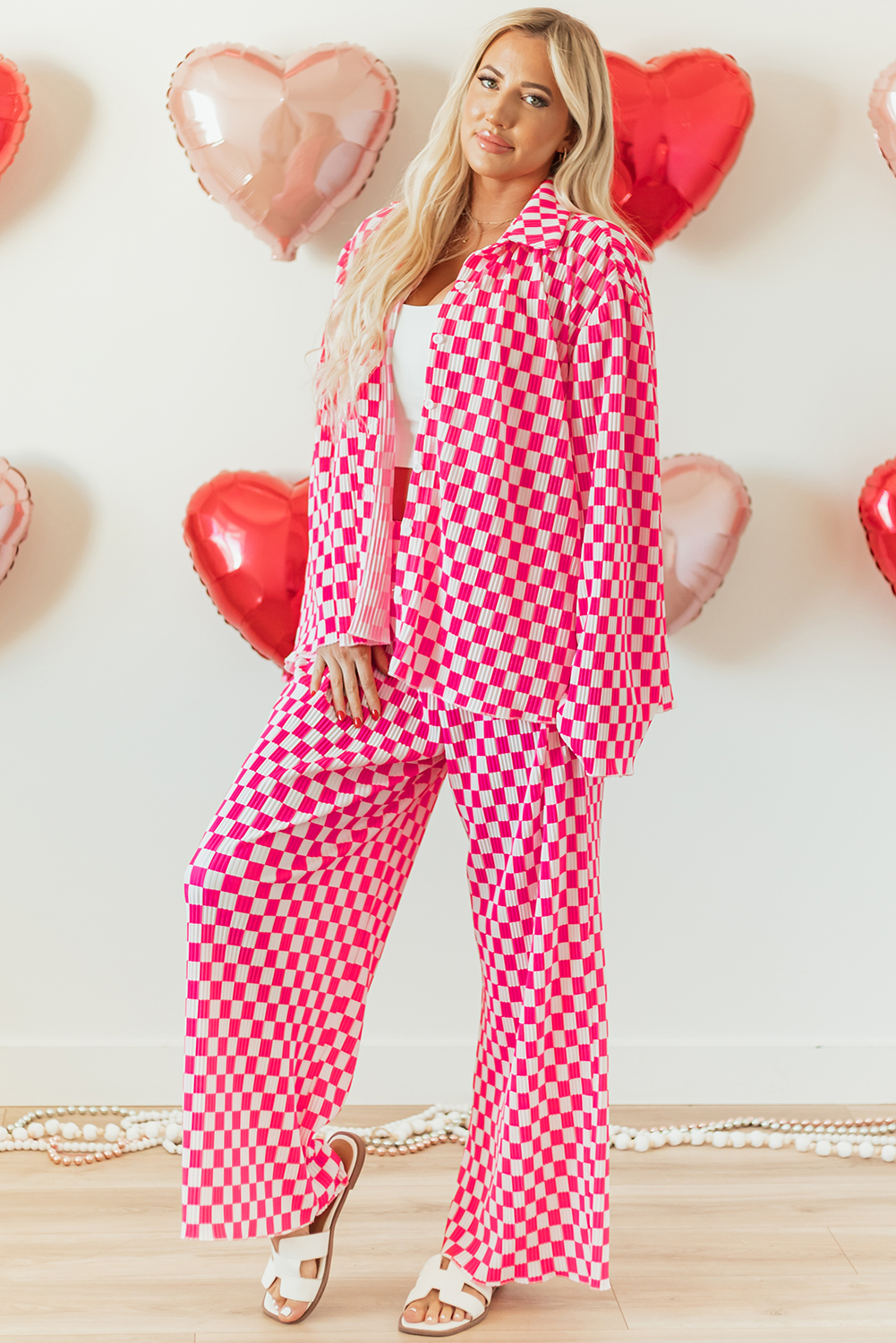 Pink Checkered Buttoned Shirt and High Waist Pants Pajama Set - loveforevers