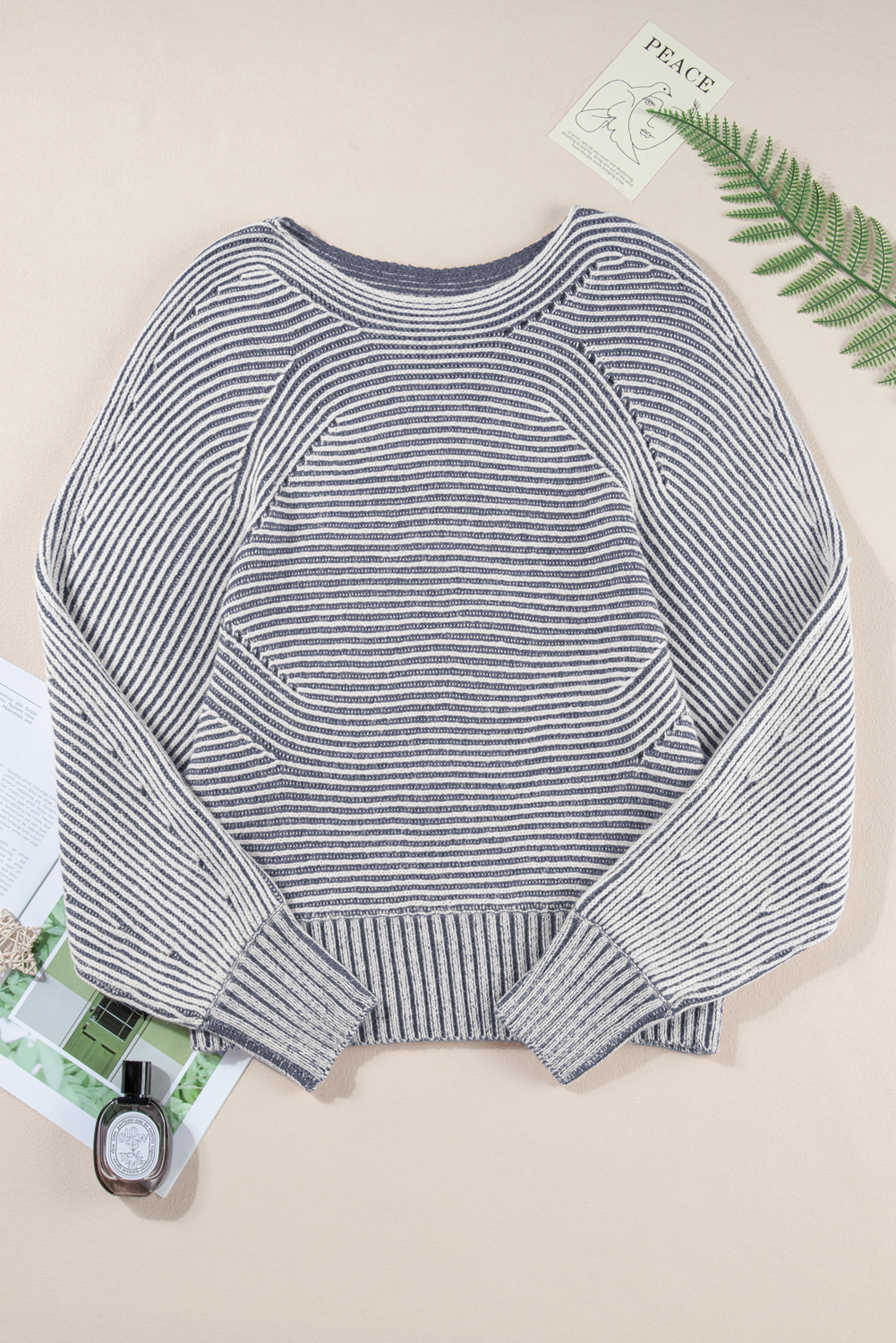 Coffee Striped Print Ribbed Knit Boat Neck Baggy Sweater - loveforevers