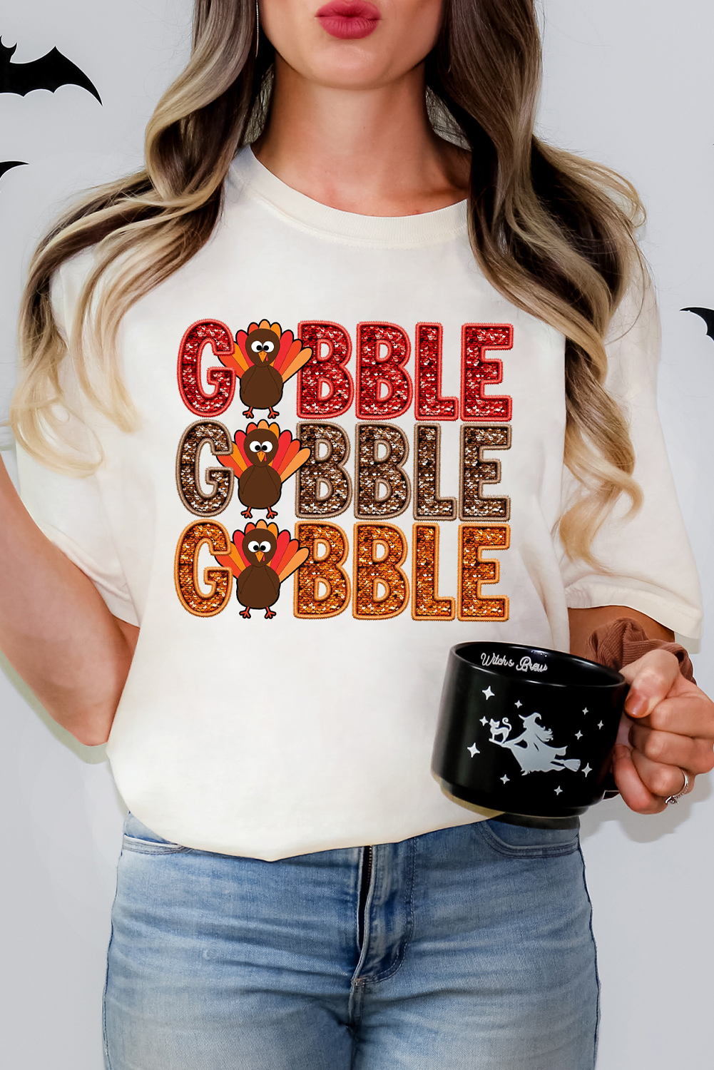 White GOBBLE Thanksgiving Turkey Print T Shirt - loveforevers