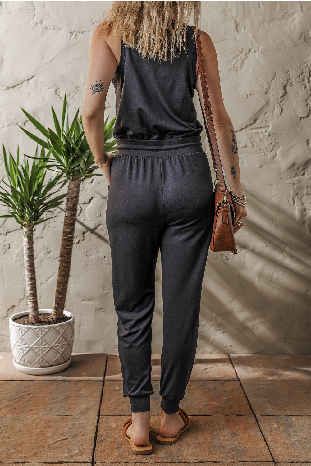 Black Casual Tank Style Tie Waist Pocketed Jogger Jumpsuit - loveforevers