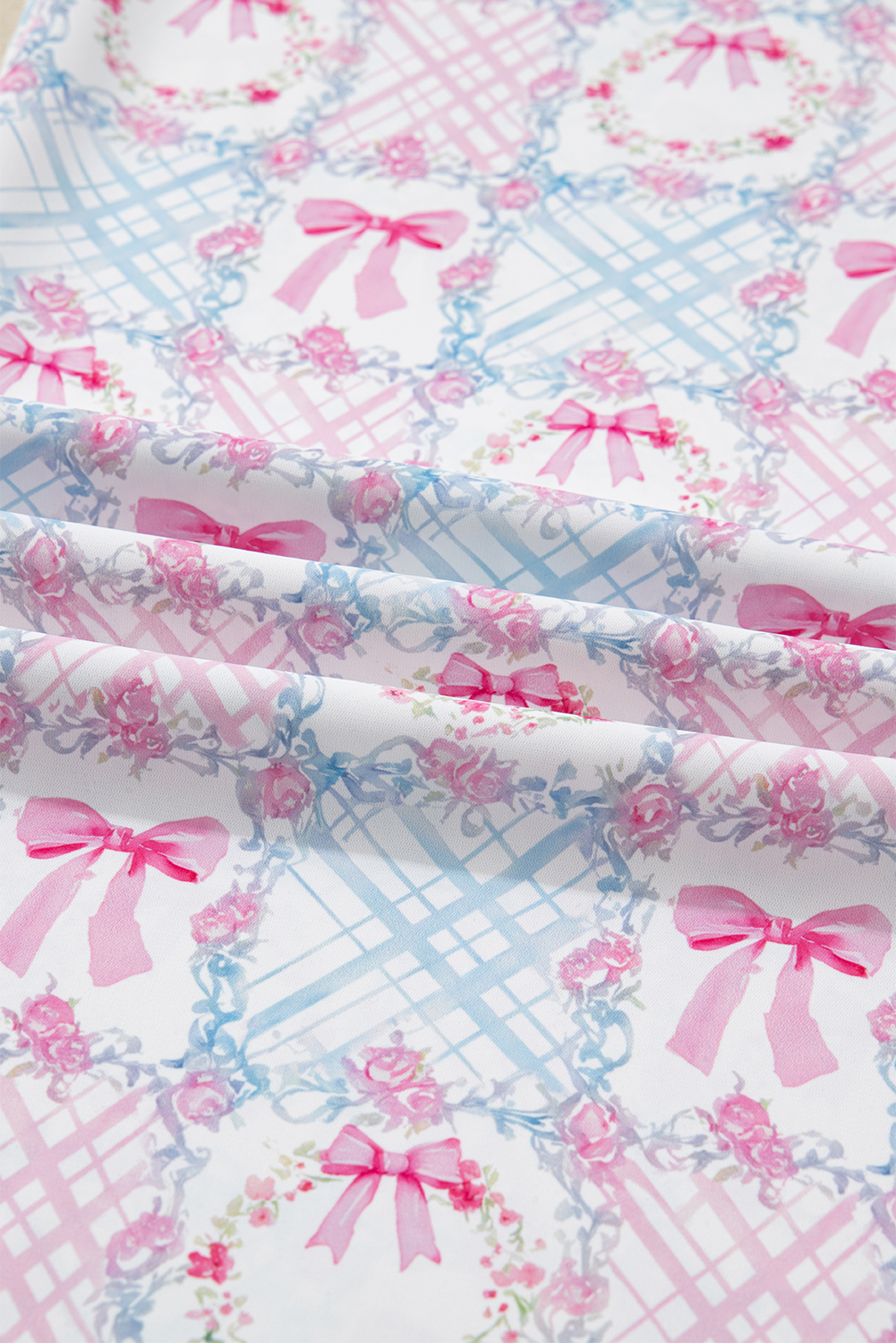 Pink Bow Wreath Pattern Christmas Holiday Tied Front Long Sleeve 2pcs Pajama Set - loveforevers