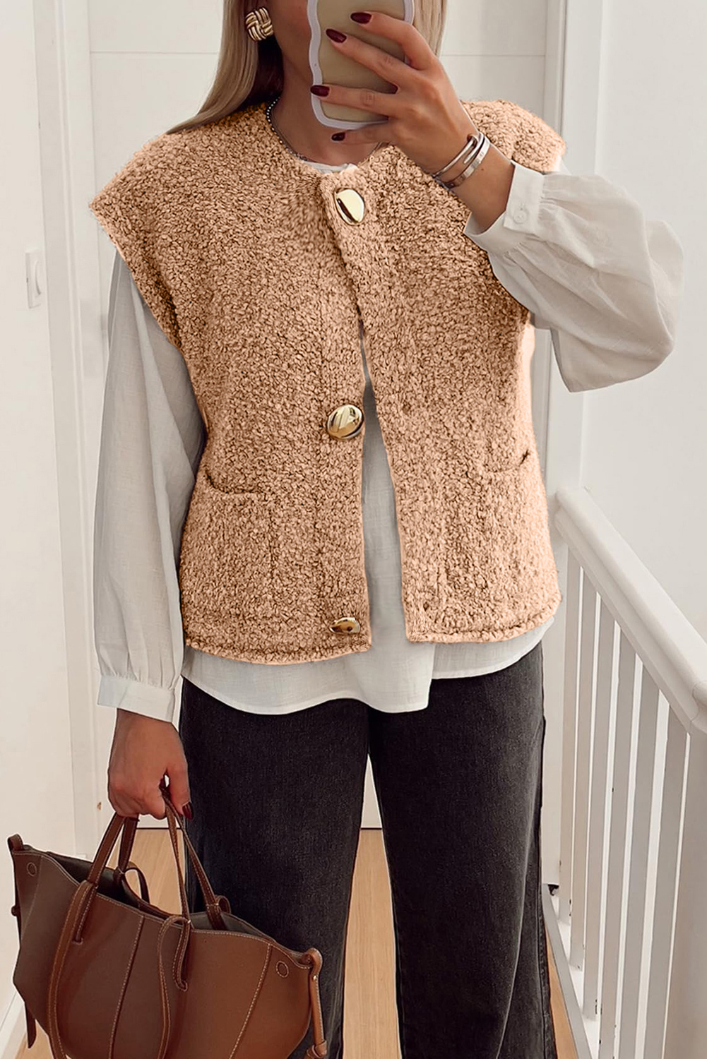 Light French Beige Big Button Accent Fuzzy Pocket Vest - loveforevers