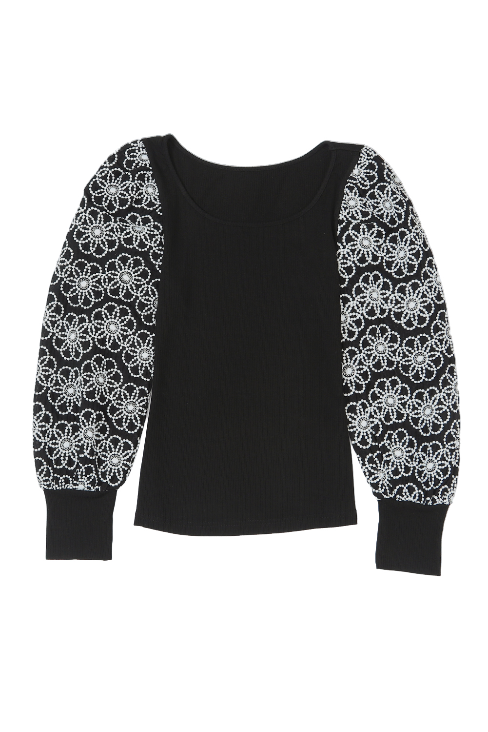 Black Flower Puff Sleeve Ribbed Knit Top - loveforevers