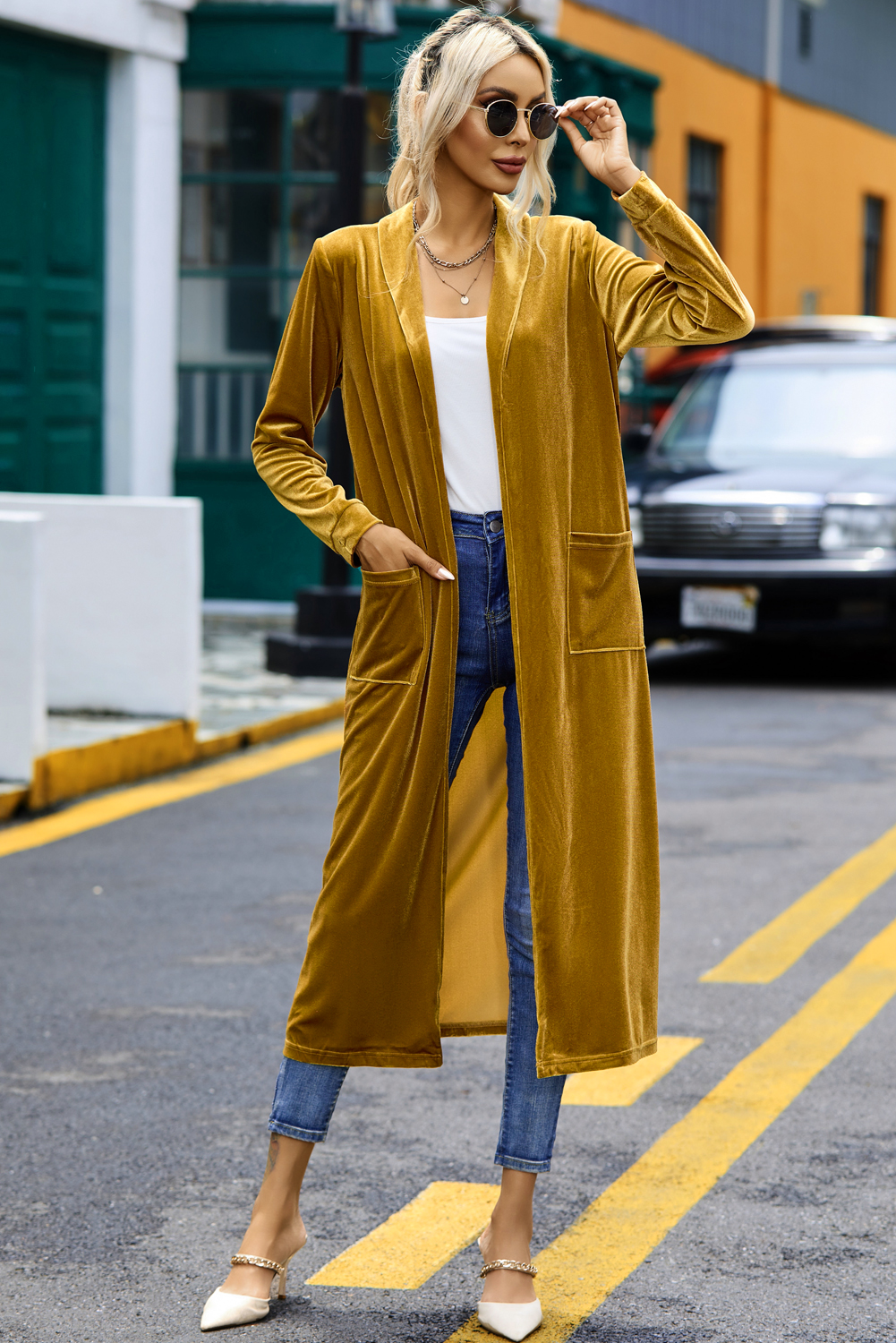 Yellow Velvet Open Front Pocketed Long Duster - loveforevers