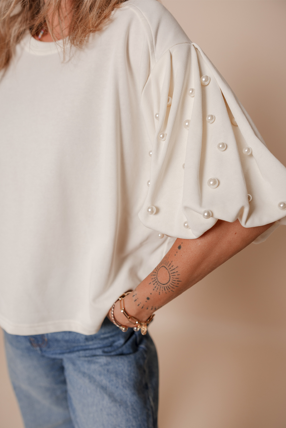 White Pearled Puff Sleeve Round Neck Loose Top - loveforevers