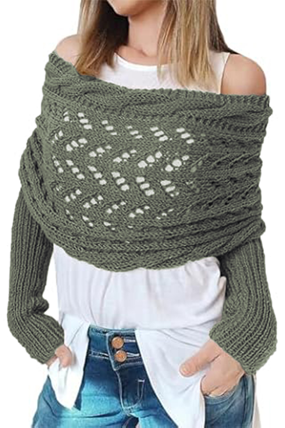 Gray Cross Detail Hollowed Knit Scarf with Sleeves - loveforevers