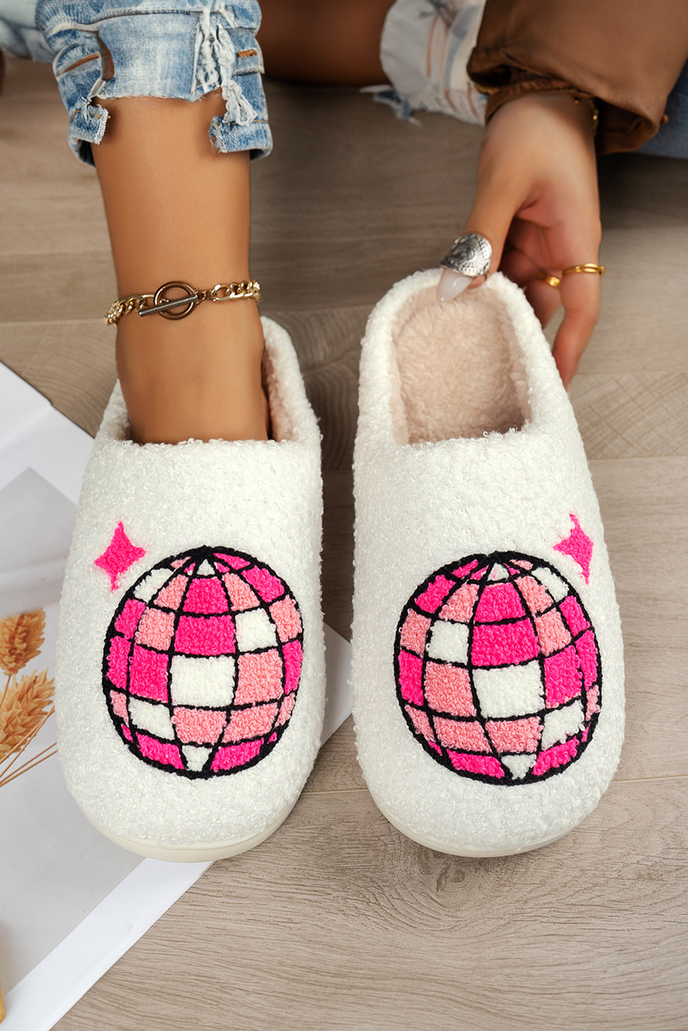 Black Disco Ball Print Fuzzy Winter House Slippers - loveforevers