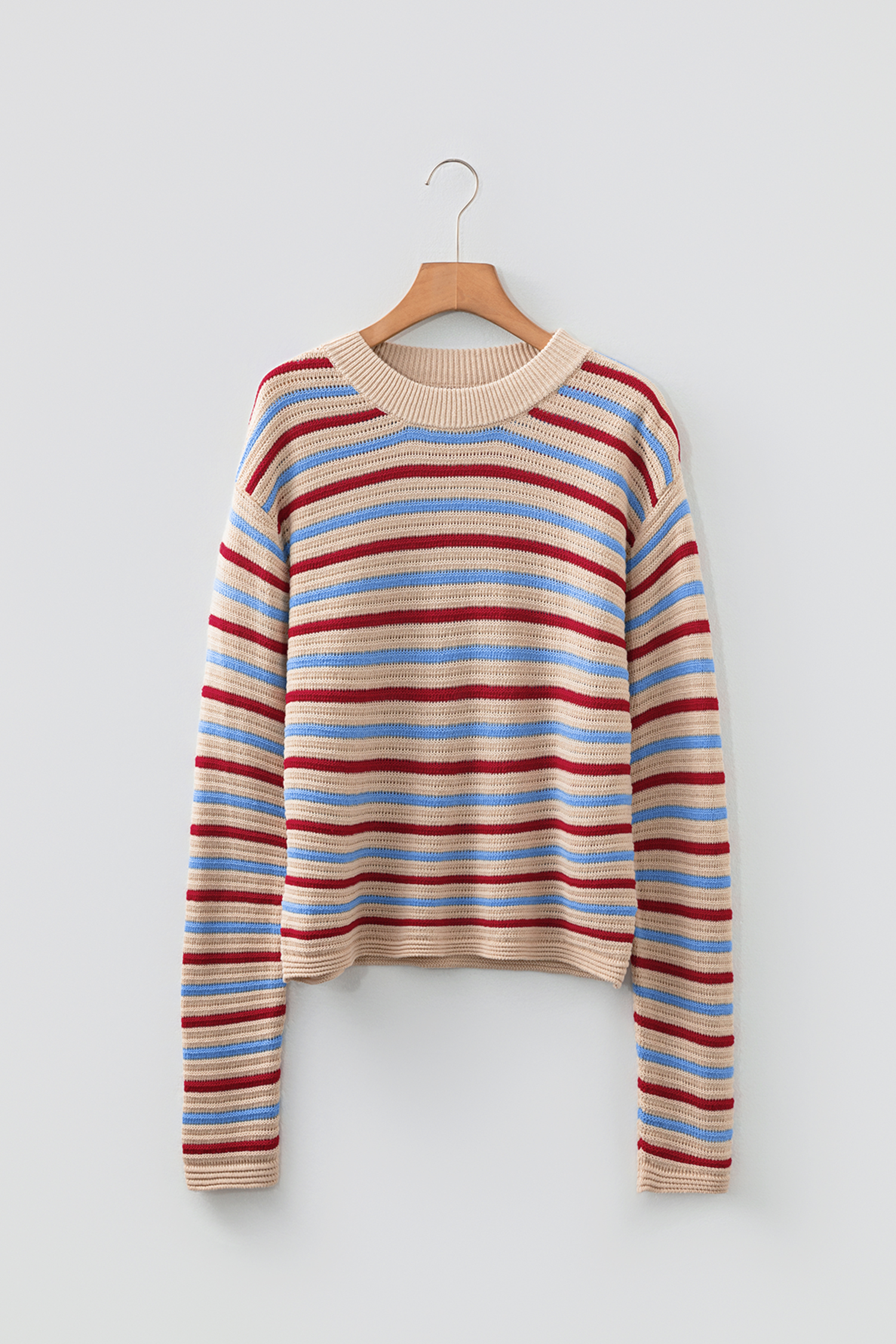 Khaki Stripe Drop Shoulder Cropped Long Sleeve Fall Sweater - loveforevers