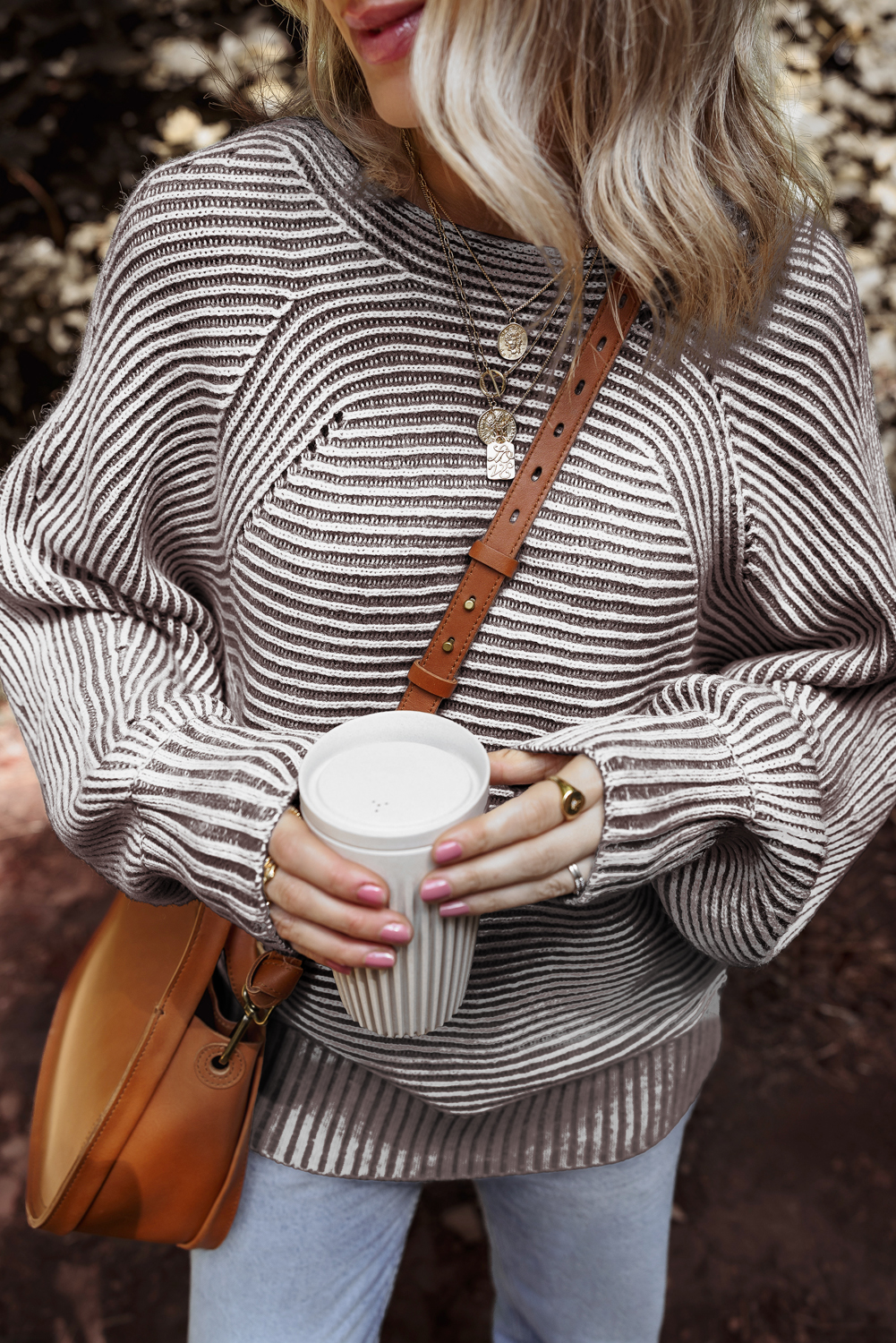 Coffee Striped Print Ribbed Knit Boat Neck Baggy Sweater - loveforevers