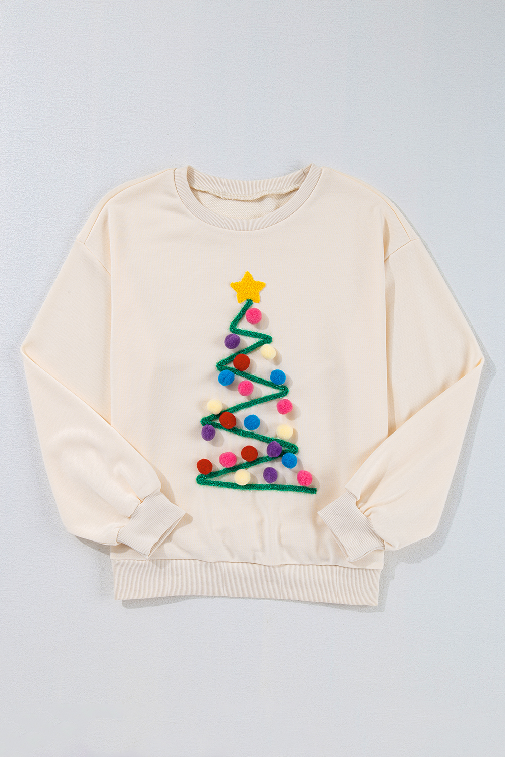 Beige Pom-Pom Christmas Tree Pattern O Neck Sweatshirt - loveforevers