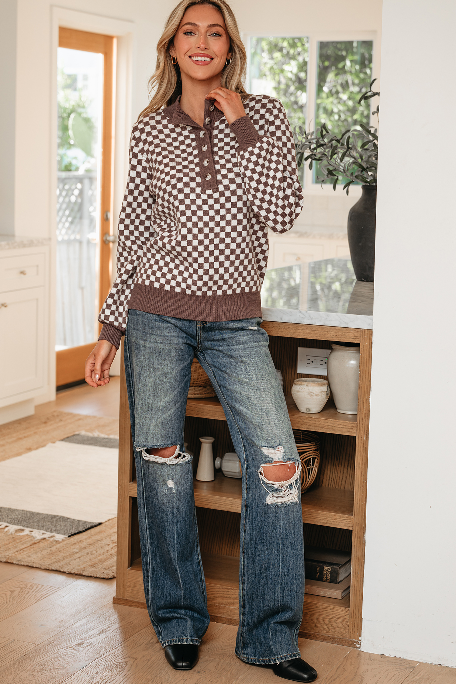 Dark Brown Half Button Ribbed Trim Checkerboard Knit Sweater - loveforevers