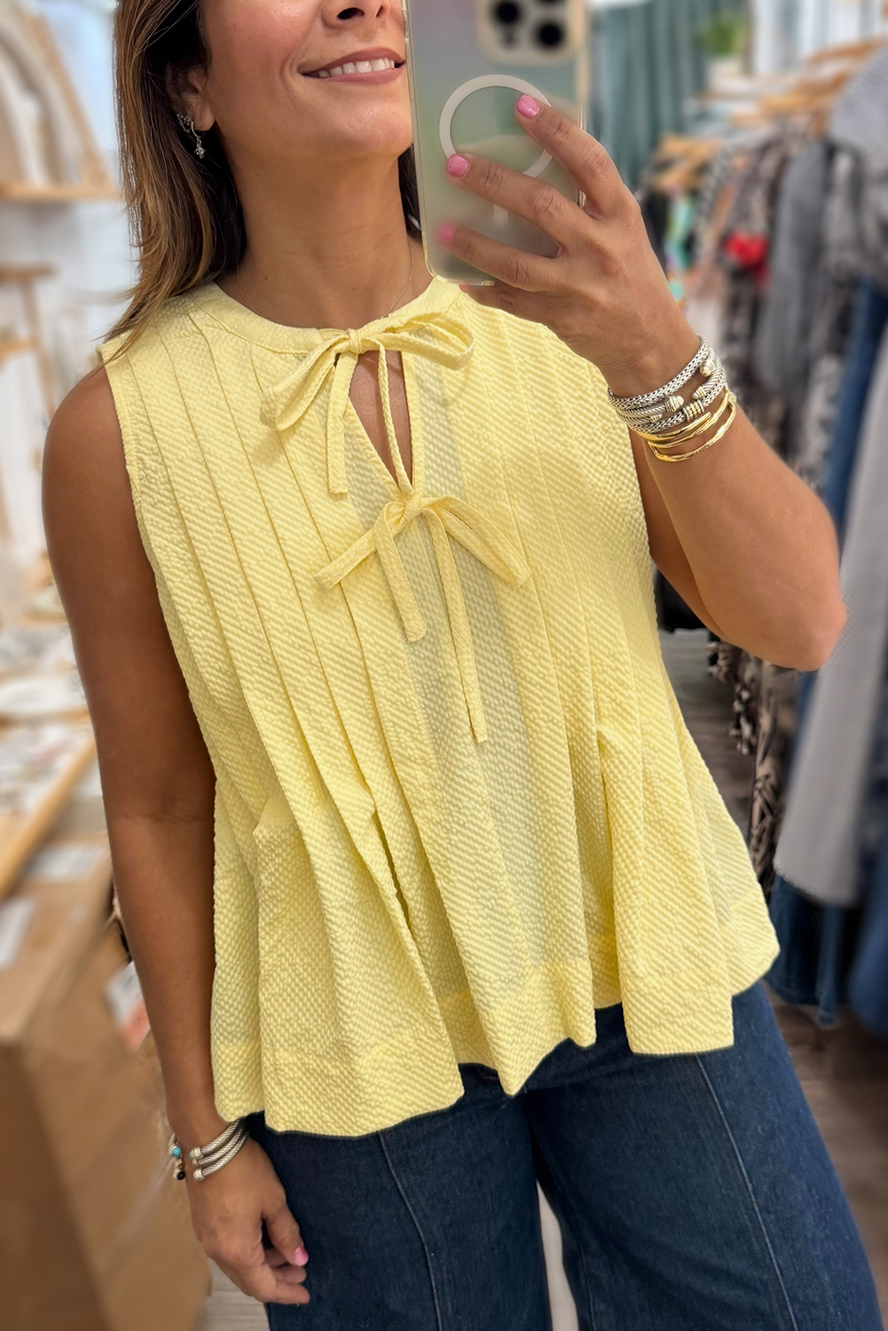 Yellow Cream Bow Tie Notched Neck Pleated Tank Top - loveforevers